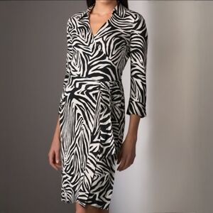 Diane Von Furstenberg Black & White Long Sleeve Animal Print Midi Wrap Dress